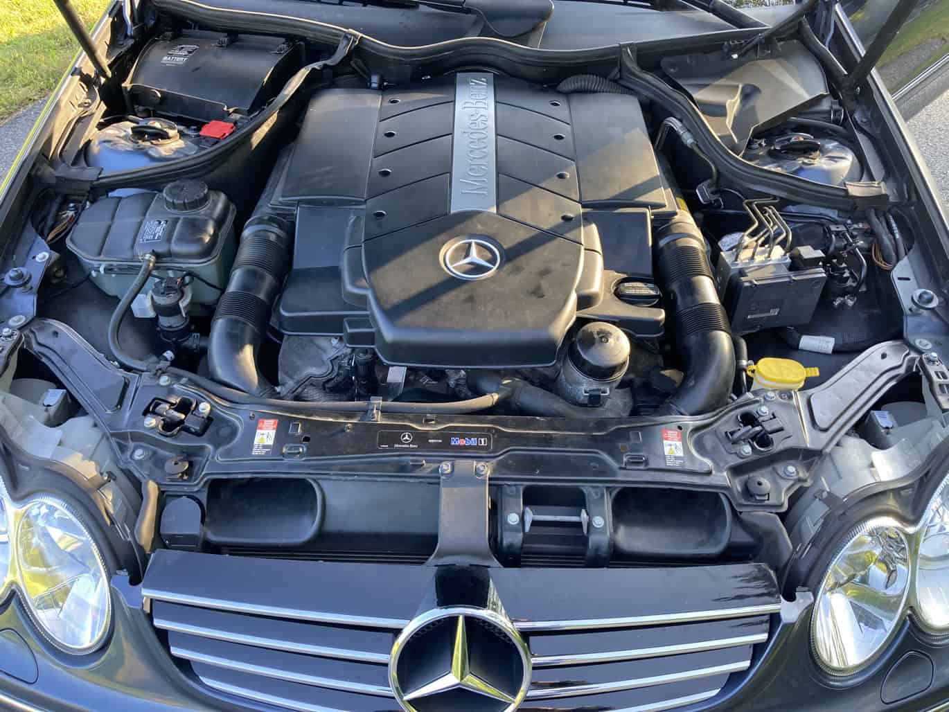 1999 Mercedes CLK500 — Close-up of engine bay of a classic car with Mercedes emblem.
