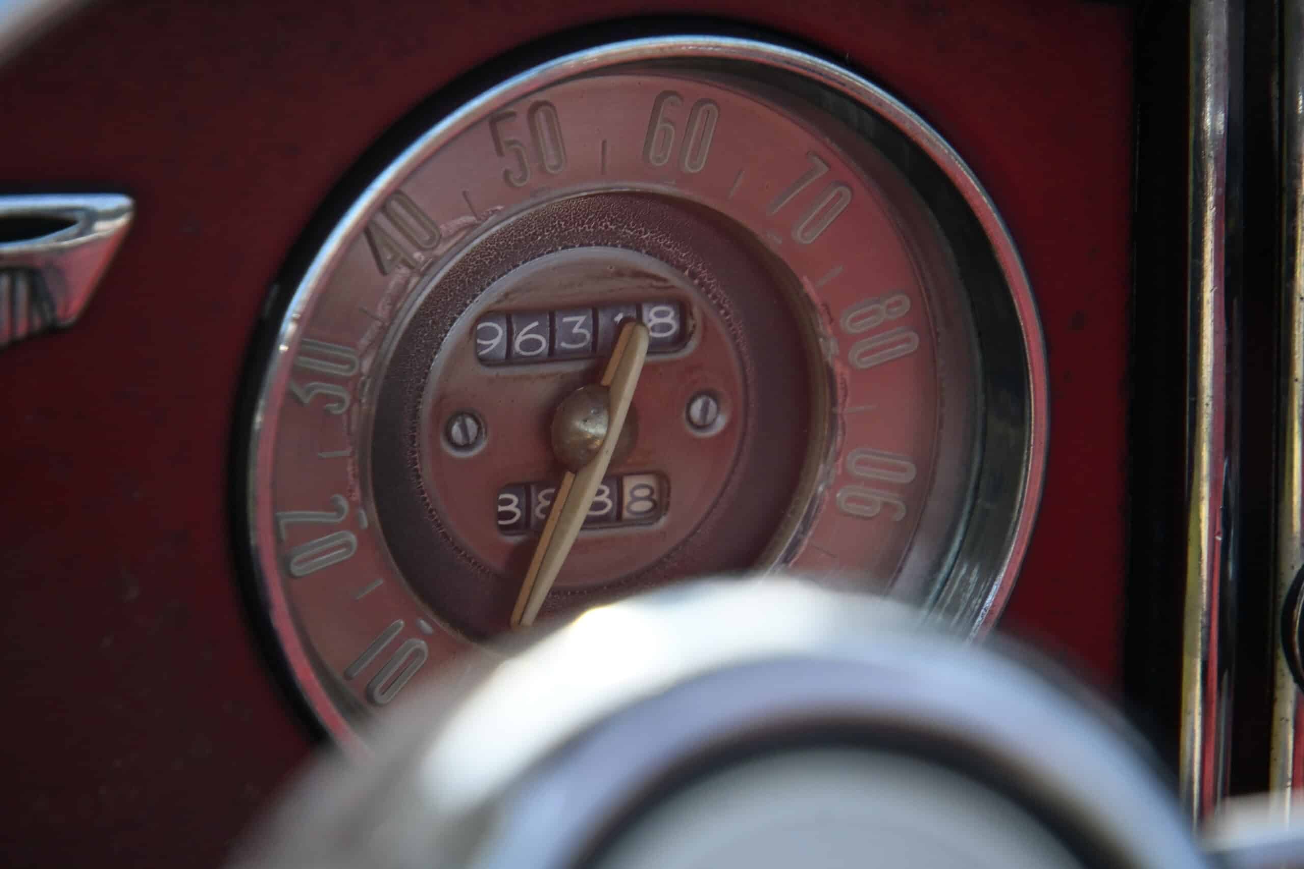 1953 Buick special — Close-up of a classic car speedometer with odometer reading.
