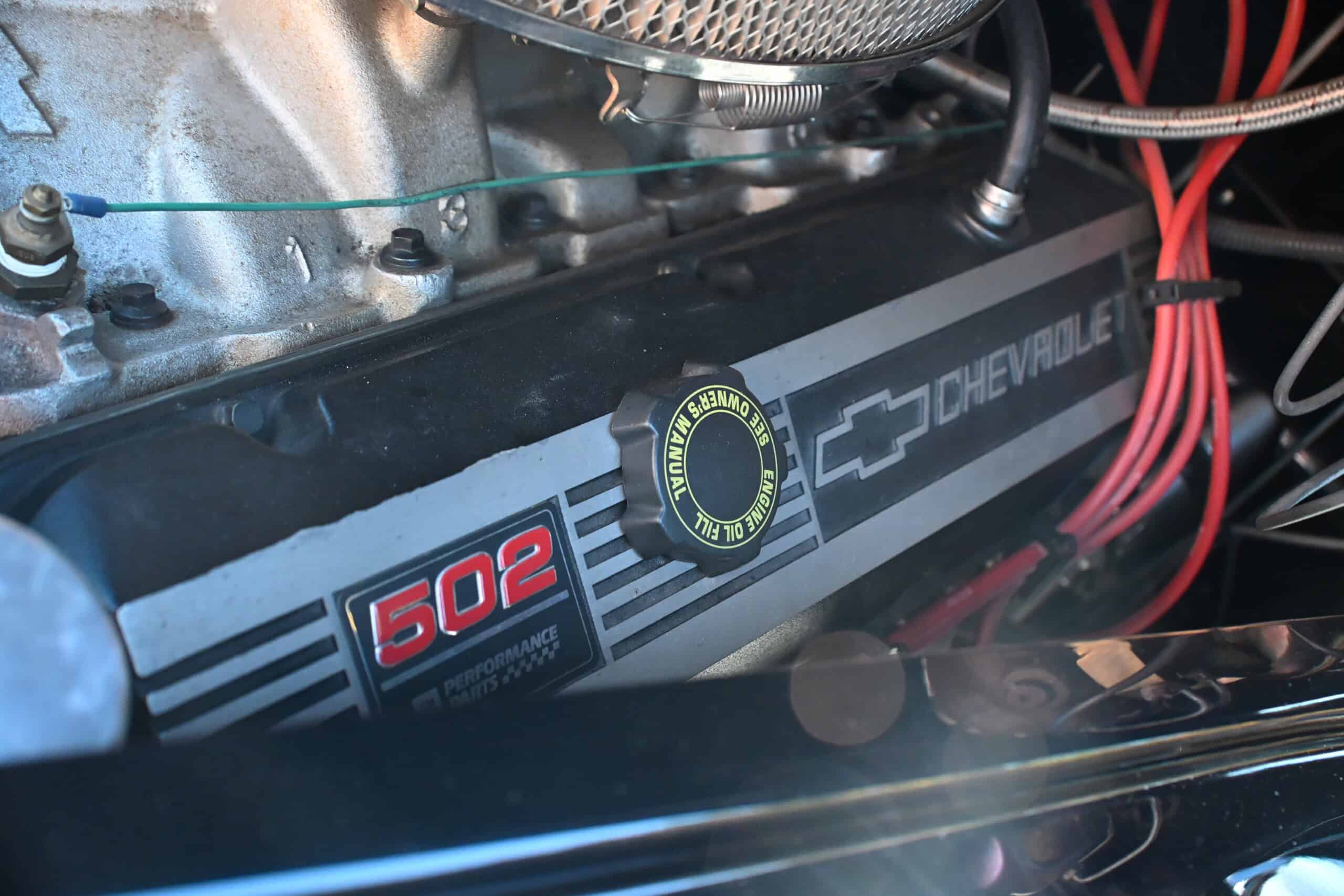 1941 Willys Custom Street Rod — Close-up of engine with Chevrolet and 502 badge.
