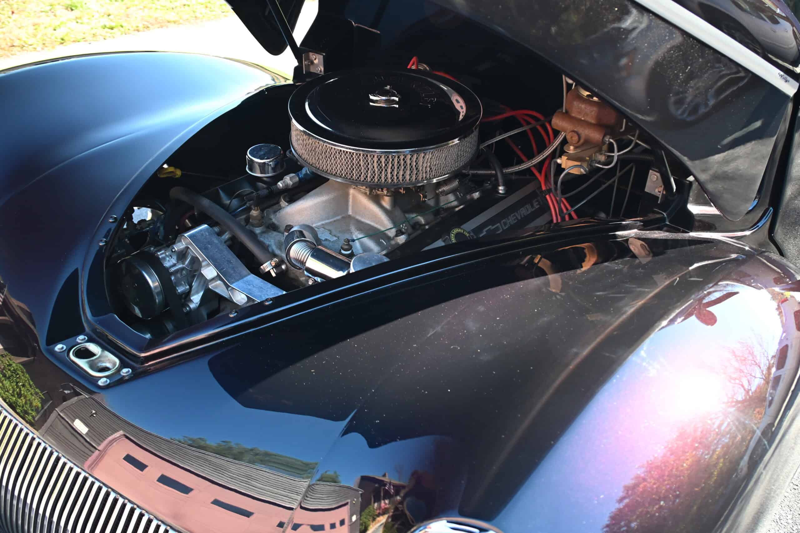 1941 Willys Custom Street Rod — Close-up of classic car engine with V8 engine and air filter.