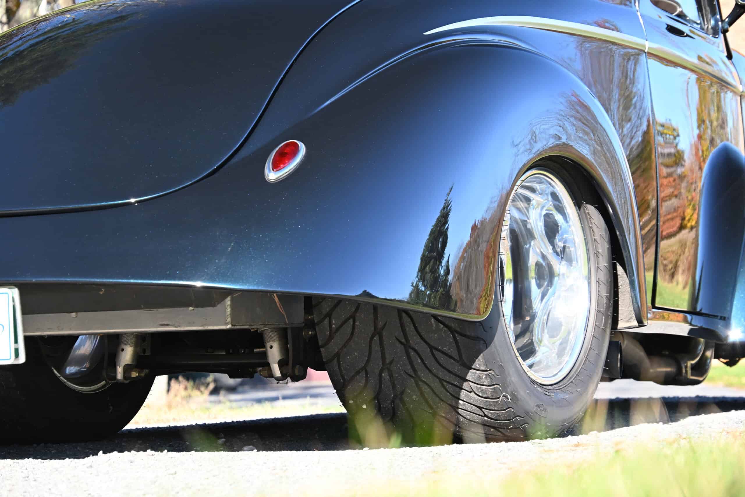 1941 Willys Custom Street Rod — Close-up of a classic car's front wheel and fender.