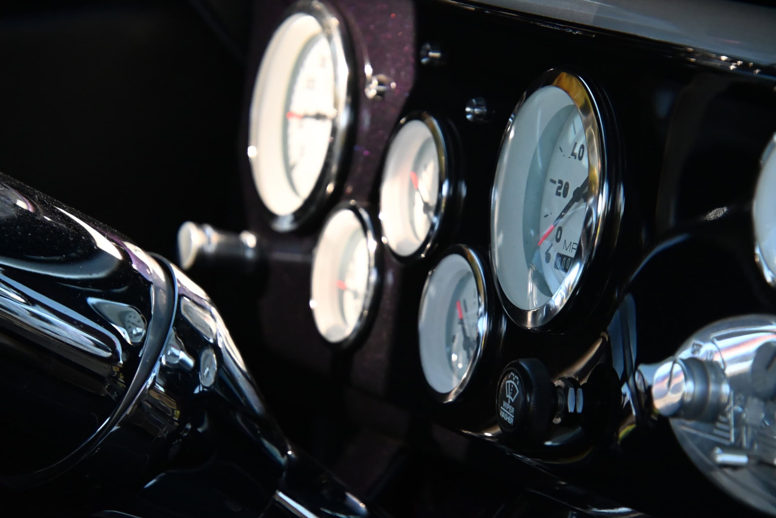 1941 Willys Custom Street Rod — Close-up of classic car dashboard with speedometer and gauges.