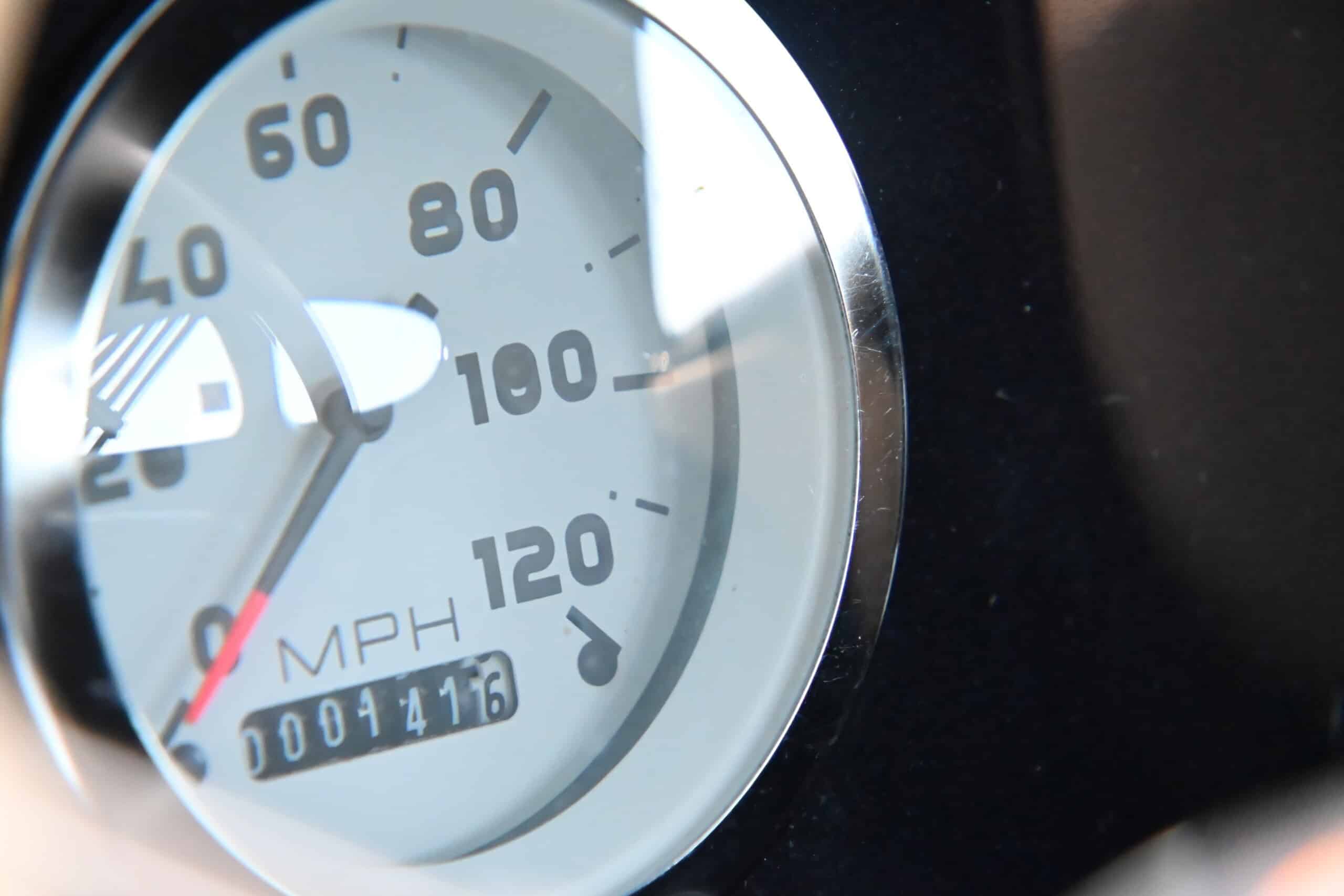 1941 Willys Custom Street Rod — Close-up of a classic car speedometer and odometer showing 416 miles.