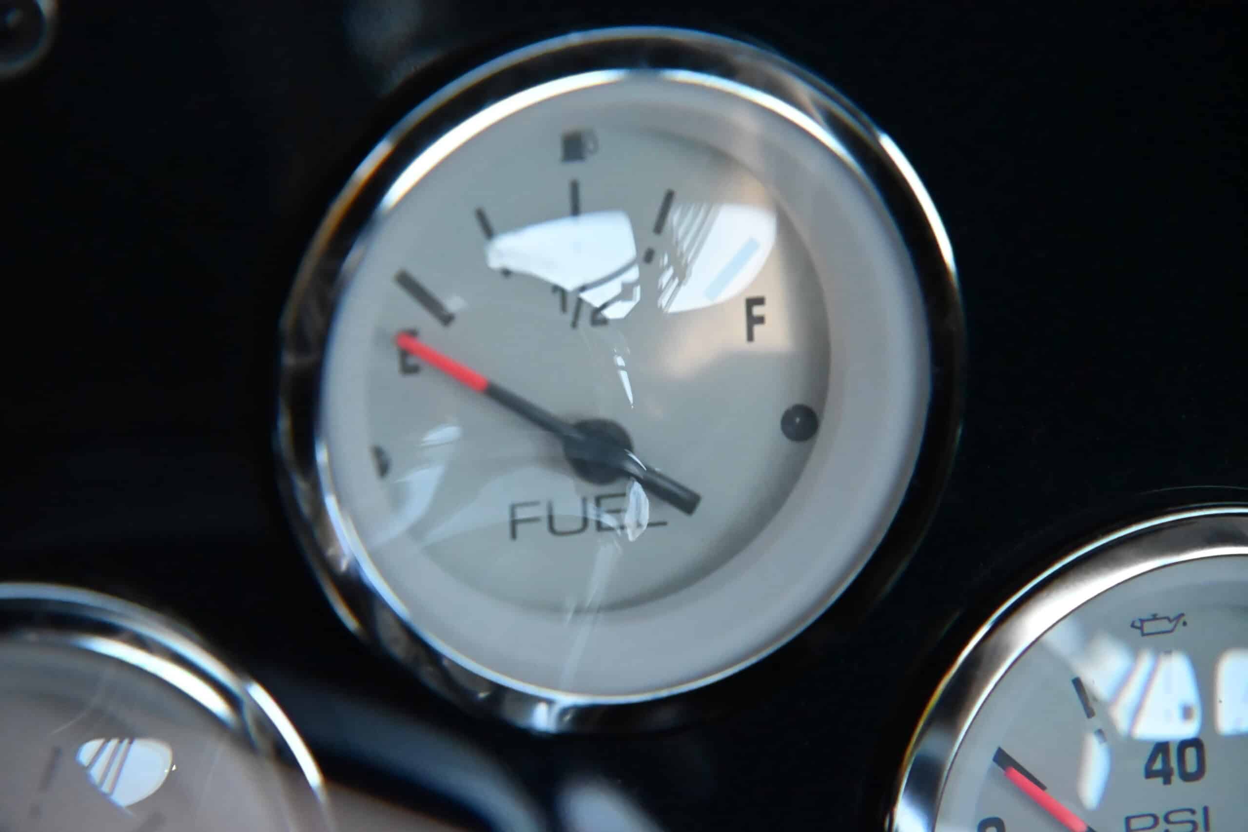 1941 Willys Custom Street Rod — Close-up of fuel gauge in a classic car dashboard.