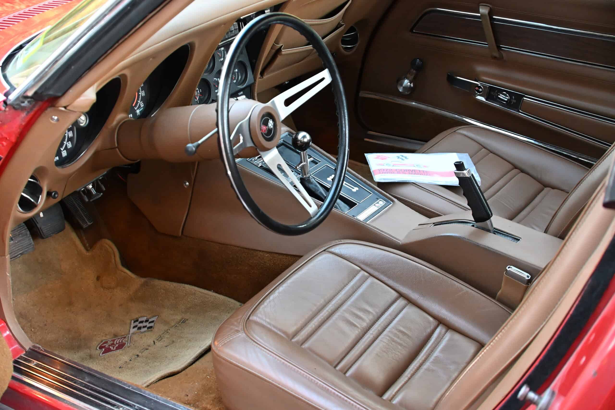 1972 Chevrolet corvette — Interior shot of a classic car with leather seats and dashboard.