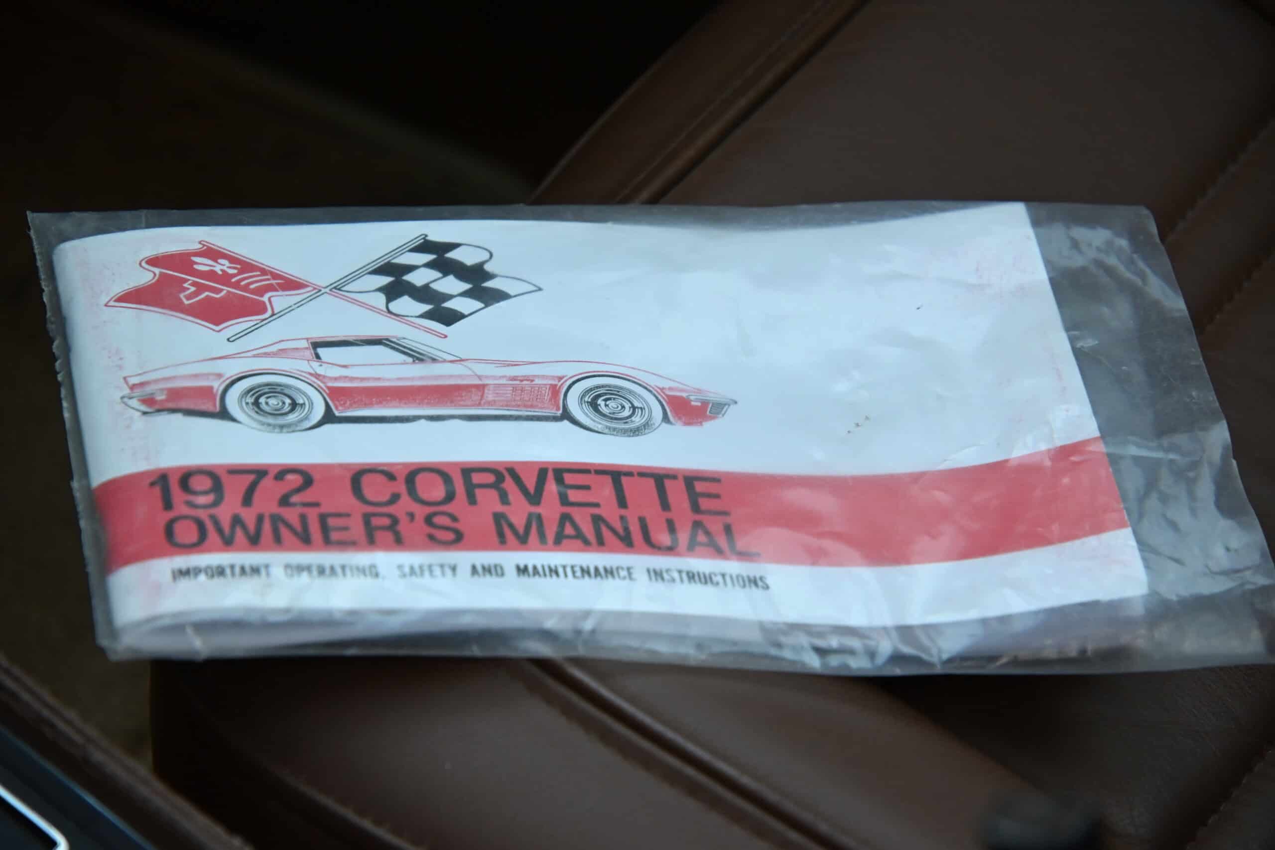 1972 Chevrolet corvette — Photo of a 1972 Corvette owner's manual on a car seat.