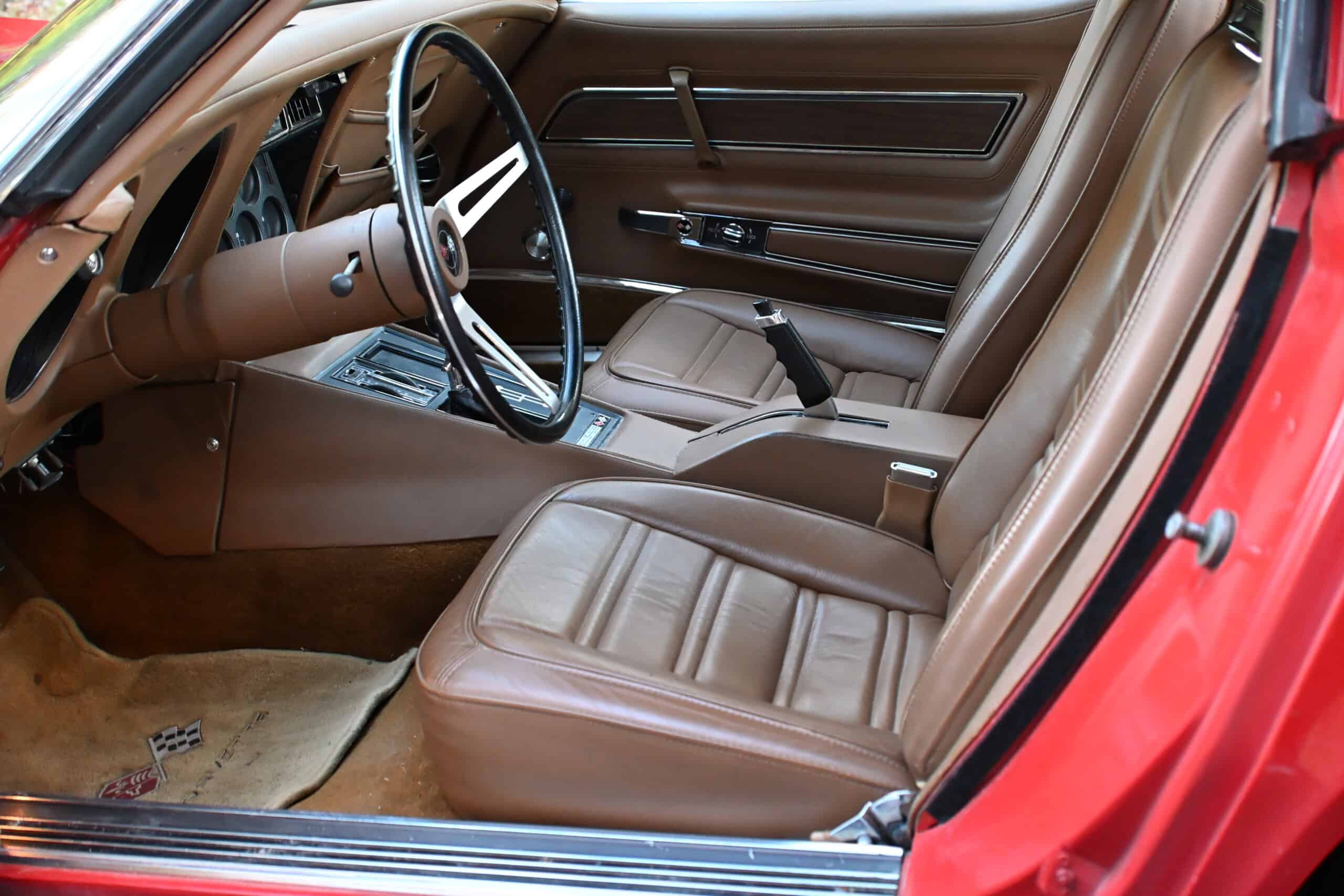 1972 Chevrolet corvette — Interior shot of a classic car with brown leather seats and dashboard.