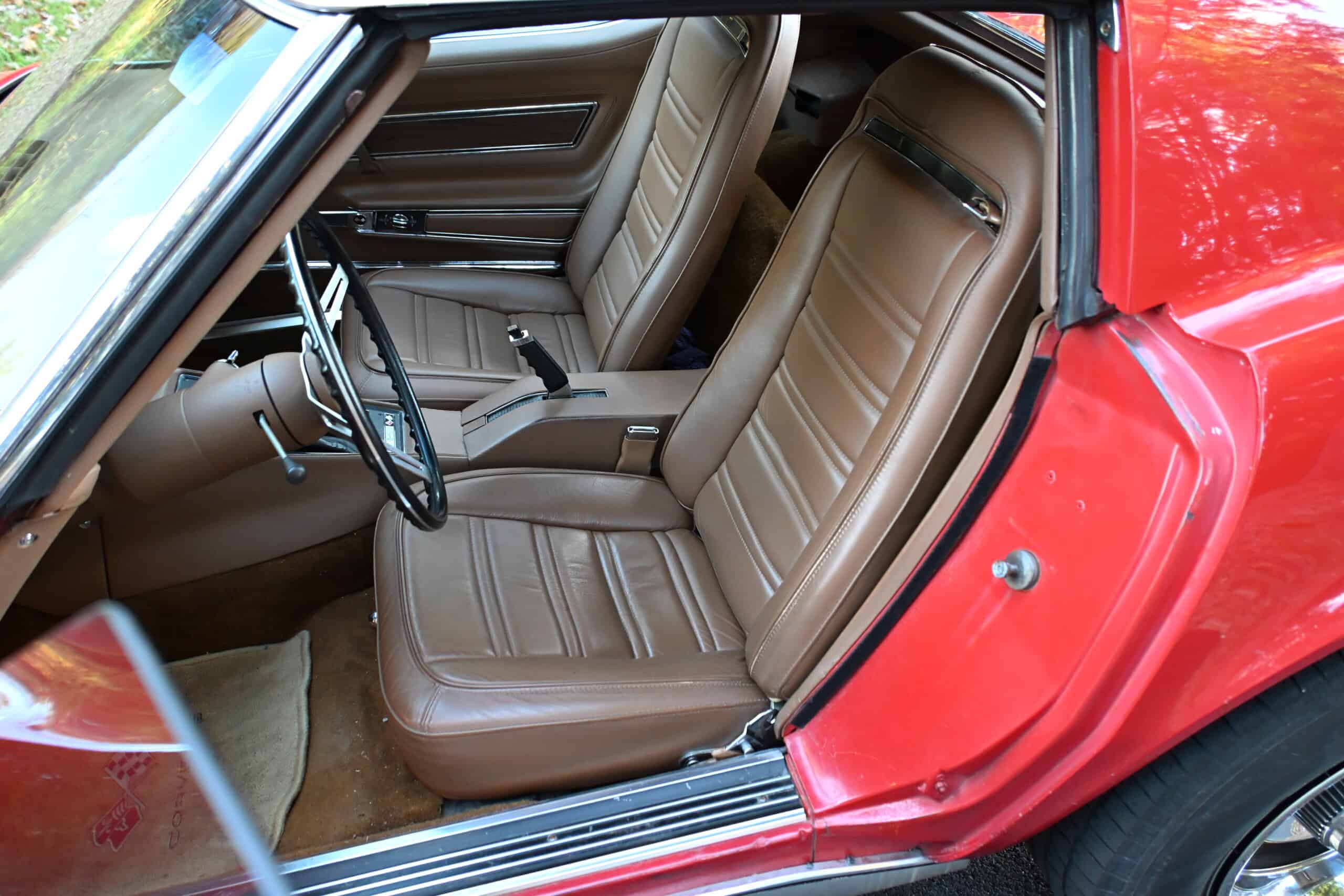 1972 Chevrolet corvette — Interior shot of a classic car with brown seats and dashboard.